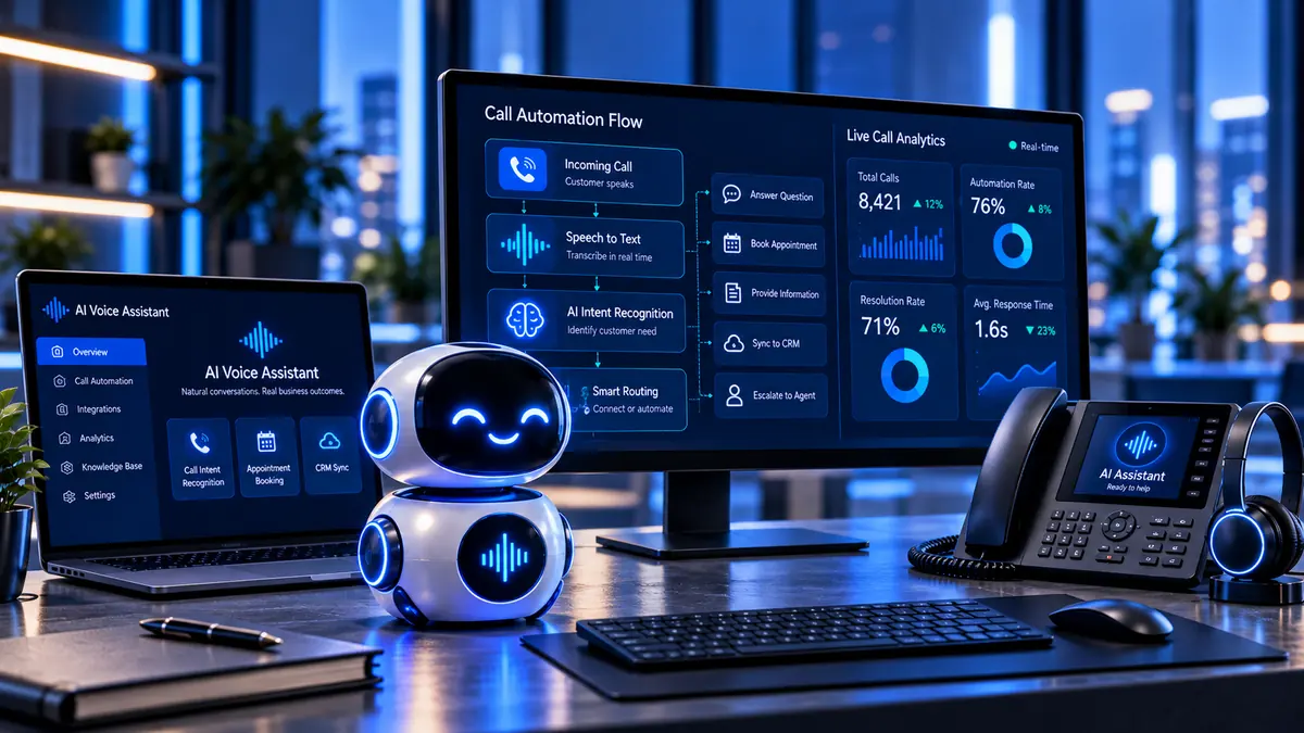 AI Voice Assistant: ρομποτικός βοηθός, οθόνες με ροή αυτοματοποίησης κλήσεων και τηλέφωνο γραφείου