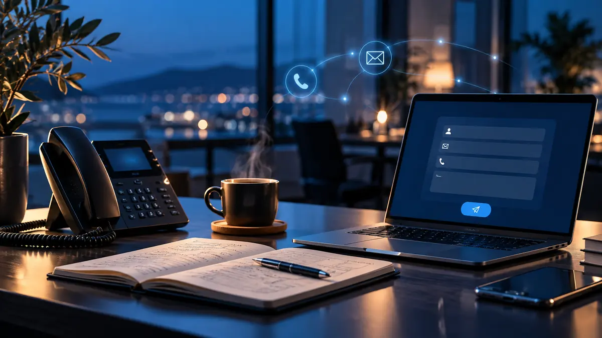 Τηλέφωνο γραφείου, σημειωματάριο και laptop με φόρμα επικοινωνίας
